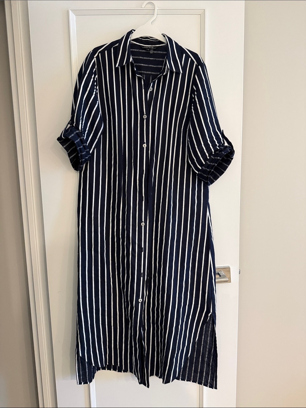 Charlies Navy & White Striped Midi Linen Shirt Dress sz M